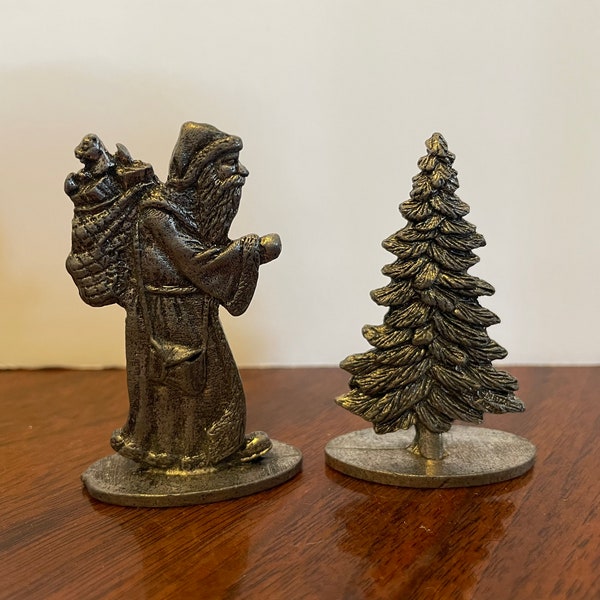 Metzke Pewter Santa and Tree Combo, Vintage Pewter Christmas Figurines, Vintage Pewter Santa, Vintage Pewter Christmas Tree