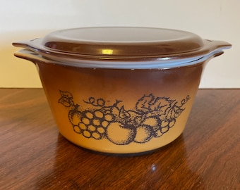 Vintage Pyrex Old Orchard 1 Quart Lidded Casserole, Round Orange and Brown Casserole with Lid, Lidded Pyrex Casserole, Pyrex Old Orchard