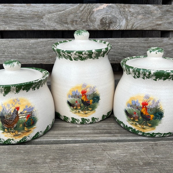 Vintage Cream and Green Chicken Canisters, Vintage Chicken Canisters, Cream with Green Sponge Paint Canisters, Rooster and Hen Canisters