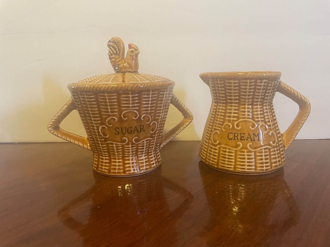 Vintage Basket Weave Chicken Cream and Sugar Set, Vintage Farmhouse