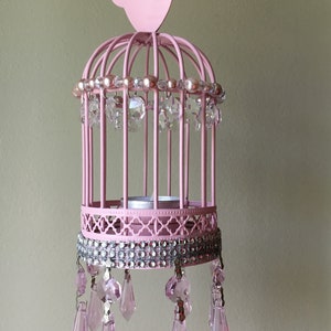 Miniature Birdcage Tea Light Candle Holder, Decorated with Pink Crystal Prism Chandelier Pendants, 10&quot; X 4&quot;
