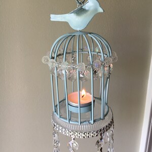 Miniature Birdcage is a Tea Light Holder, Painted Blue and Decorated with Crystal Pendants, 10&quot; X 4&quot; Chandelier or Stands on Candlestick