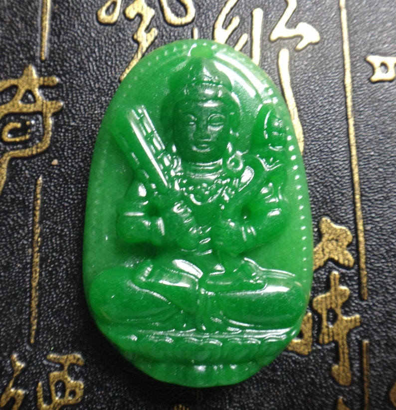 Chinese green jade carved Netherworld Bodhisattva Patron saint pendant