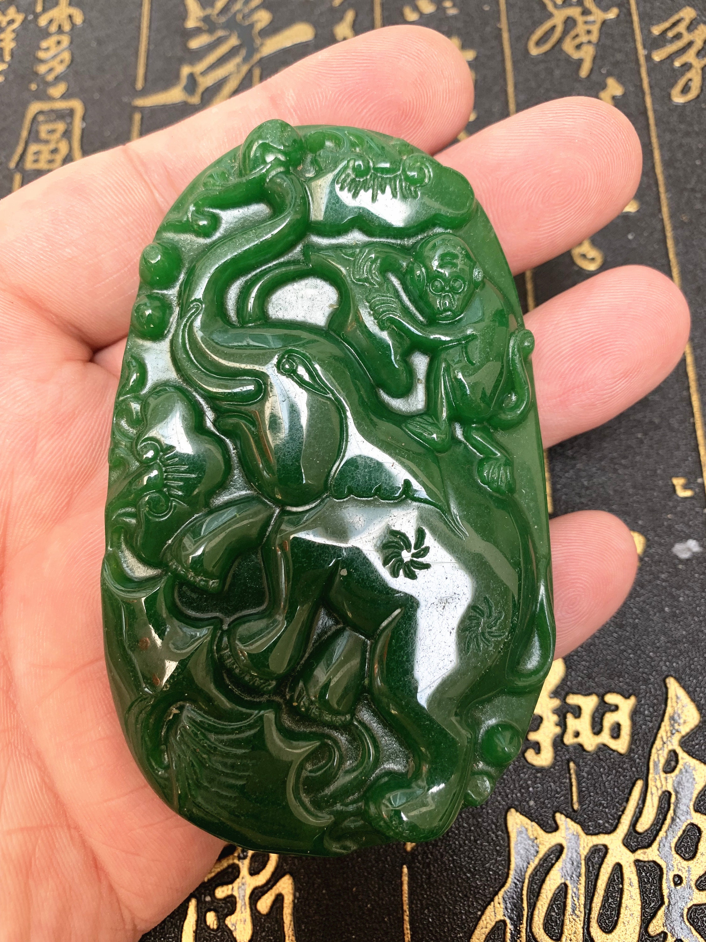 Chinese Green Jade Carved Monkey Riding an Elephant Pendant | Etsy