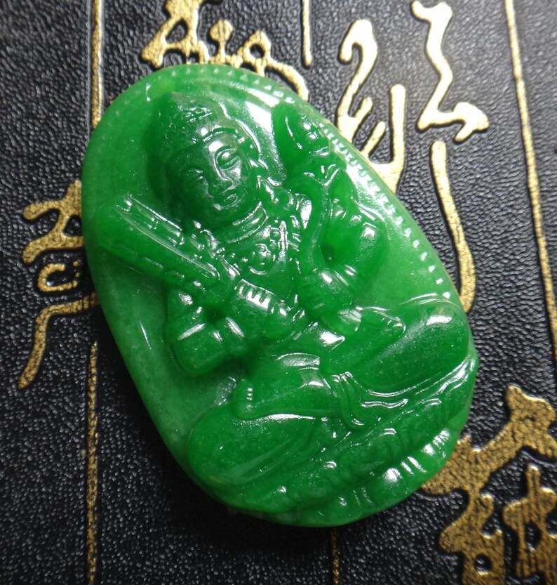 Chinese green jade carved Netherworld Bodhisattva Patron saint pendant