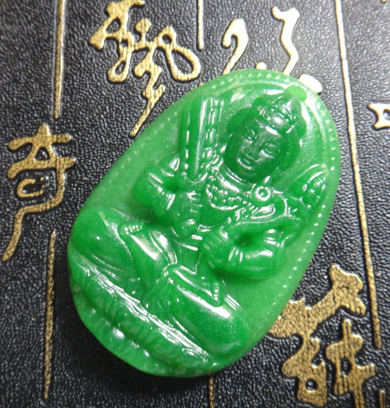 Chinese green jade carved Netherworld Bodhisattva Patron saint pendant