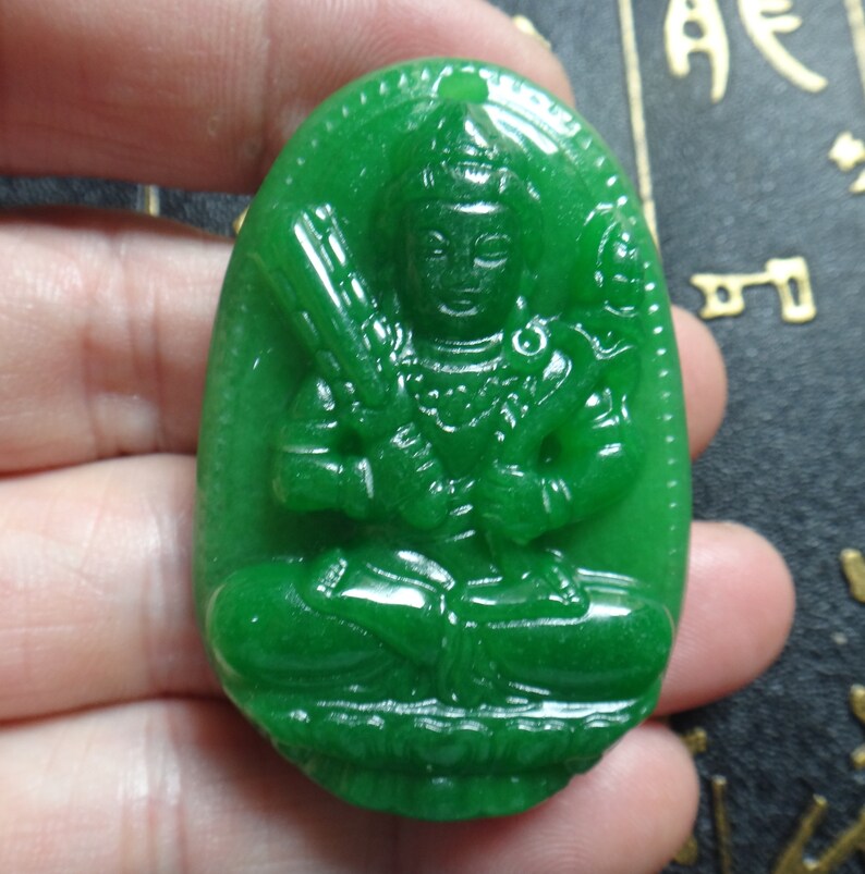 Chinese green jade carved Netherworld Bodhisattva Patron saint pendant