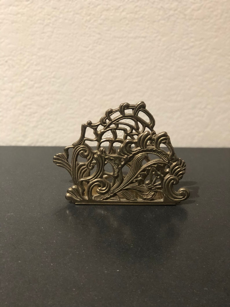Brass Teleflora Scrollwork Floral Napkin Holder Mail Holder