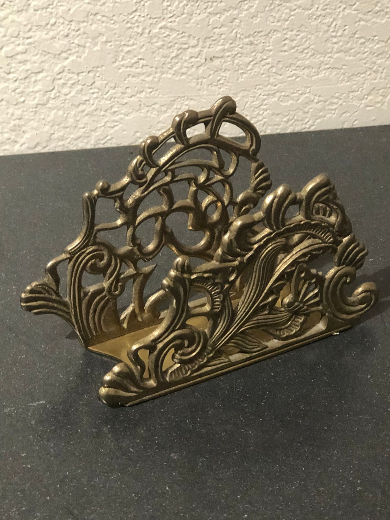Brass Teleflora Scrollwork Floral Napkin Holder Mail Holder