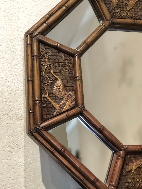Vintage Syroco Oriental Asian Hollywood Regency Wall Mirror Octagon Faux Bamboo 60s