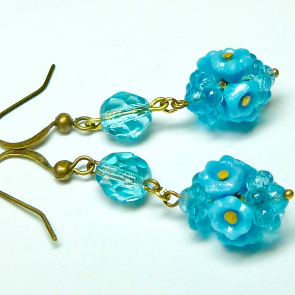 Art Deco Czech 1930s turquoise blue glass flower bead posy earrings to match vintage necklaces