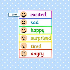 May include: A colorful educational chart with the words "I feel" and a list of emotions: excited, sad, happy, surprised, tired, and angry. Each emotion is paired with a corresponding smiley face on a light blue polka dot background.