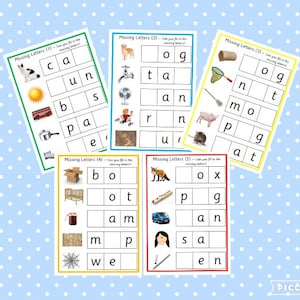May include: Educational worksheets for children with the title "Missing Letters" in a colorful design. Each worksheet features images with missing letters to complete, aiding in early literacy skills. The worksheets are arranged on a light blue polka dot background.