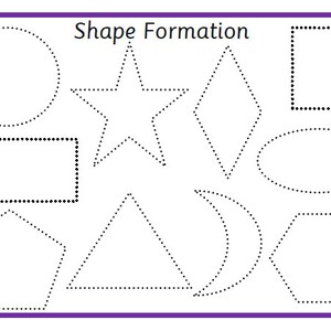 May include: A white educational chart with a purple border features various shapes outlined with dotted lines. The text "Shape Formation" is at the top. Shapes include a circle, rectangle, star, diamond, oval, square, pentagon, triangle, crescent, and hexagon.