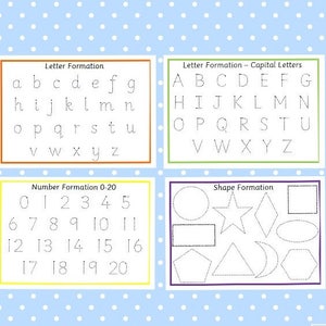 May include: Four educational charts on a blue polka dot background. The charts include letter formation for lowercase and capital letters, number formation from 0-20, and shape formation. Each chart has a different colored border.