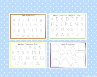 Printable tracing mats, tracing letters, tracing numbers, tracing shapes, instant download, dotted letters, formation, writing practice,