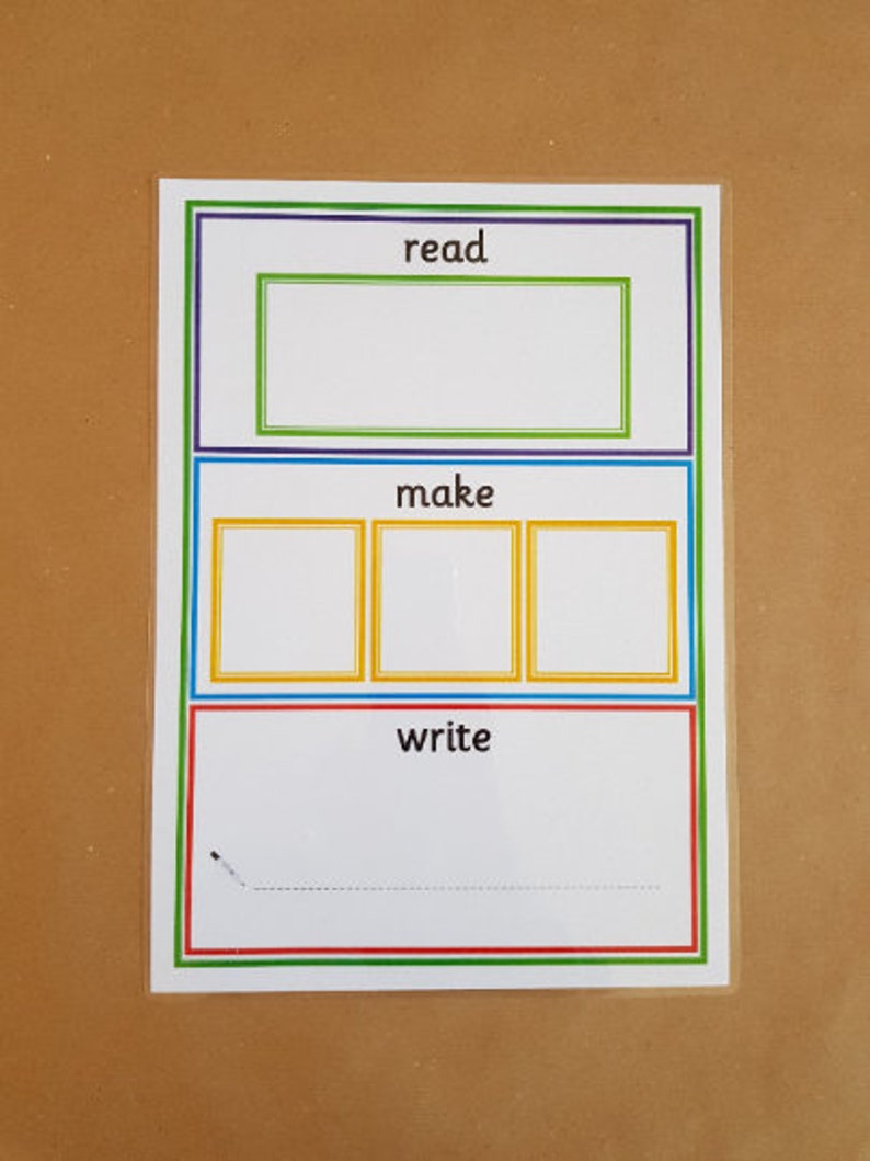 May include: A white educational chart with the words "read", "make", and "write" in a colorful border. The chart has a rectangular space for reading, three squares for making, and a space for writing with a dotted line.