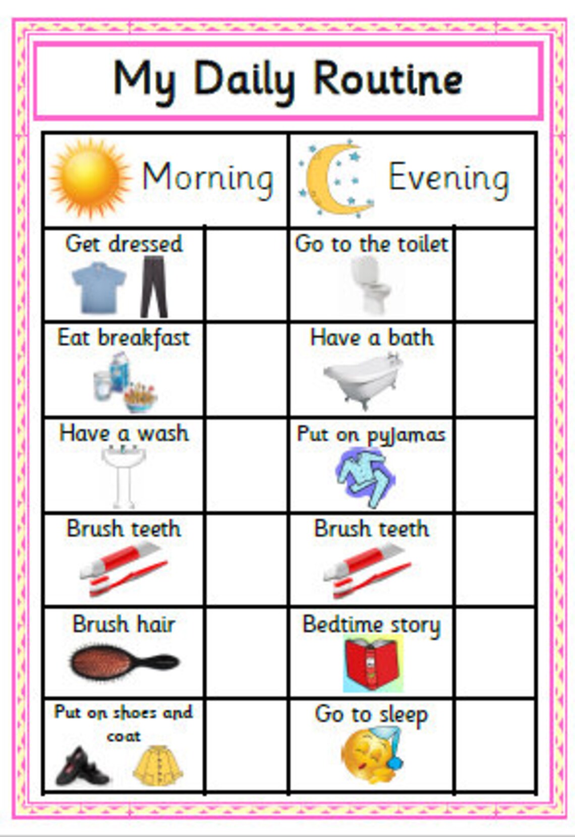 Printable Daily Routine Chart, Pink Reward Chart, Morning Routine ...
