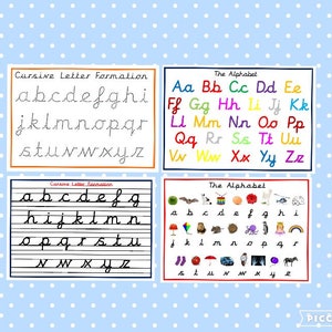 May include: Four educational posters on a light blue background with white polka dots. Two posters display cursive letter formation, and two show the alphabet. The alphabet posters feature uppercase and lowercase letters in various colors. The cursive posters show the letters in dotted lines.