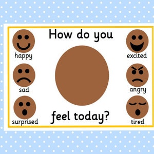 May include: A chart with a blue polka dot background and a yellow border. The chart asks "How do you feel today?" with brown emoji faces representing happy, sad, surprised, excited, angry, and tired.