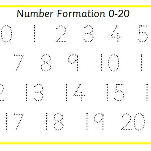 May include: A white educational chart with a yellow border displays number formation from 0 to 20. Each number is represented by dotted lines, designed for tracing. The title "Number Formation 0-20" is at the top.