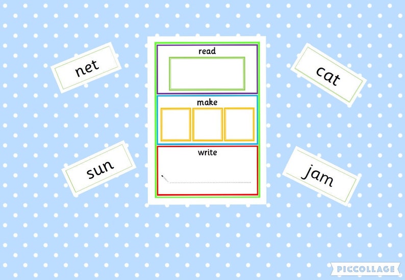 May include: Educational chart with the words "read", "make", and "write" in colorful boxes. Surrounding the chart are word cards that say "net", "sun", "cat", and "jam". The background is light blue with white polka dots.
