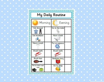 Printable Daily Routine Chart,  blue reward chart, morning routine, evening routine, behaviour management, SEN, Autism, instant download