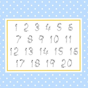 May include: A white rectangular card with the numbers 1 through 20 in dotted lines, designed for tracing. The card is set against a light blue background with white polka dots. The numbers are in a simple, easy-to-read font.
