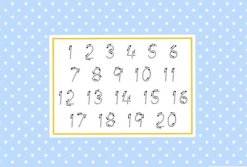 May include: A white rectangular card with the numbers 1 through 20 in dotted lines, designed for tracing. The card is set against a light blue background with white polka dots. The numbers are in a simple, easy-to-read font.
