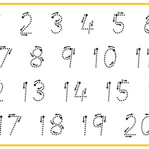 May include: A white educational chart with black dotted numbers from 1 to 20. Each number is outlined with dots and arrows indicating the correct stroke order for writing. The chart has a yellow border.