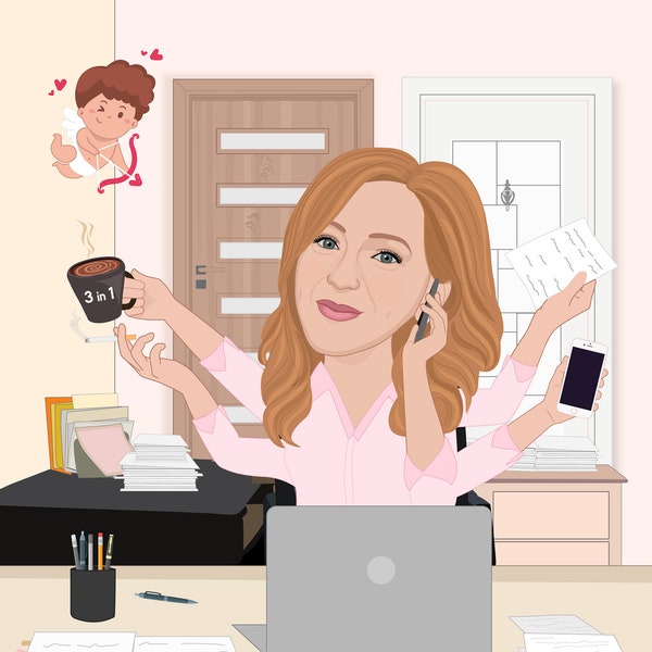 Multitasking-Frauenporträt vom Foto, benutzerdefinierte Büro-Karikatur von Ihren Fotos, Multitasking-Personen-Karikatur, benutzerdefiniertes Geschenk für Mitarbeiter