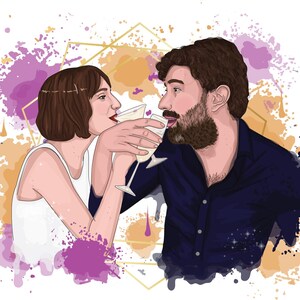 May include: Illustration of a couple toasting with champagne glasses. The woman wears a white top, and the man wears a dark blue shirt. The background features purple, orange, and gold paint splatters, with a geometric shape.