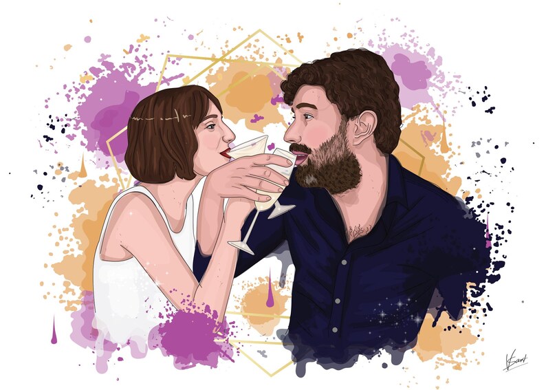 May include: Illustration of a couple toasting with champagne glasses. The woman wears a white top, and the man wears a dark blue shirt. The background features purple, orange, and gold paint splatters, with a geometric shape.