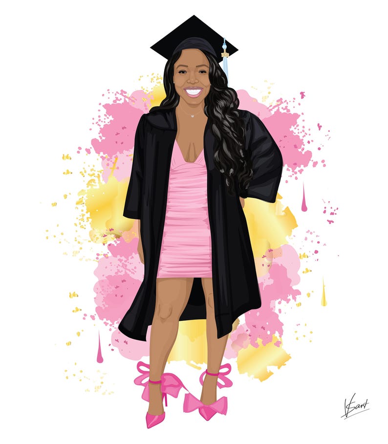 May include: Illustration of a graduate in a black cap and gown over a pink dress. The graduate is wearing pink high heels with bow accents. The background features pink and yellow watercolor splashes.