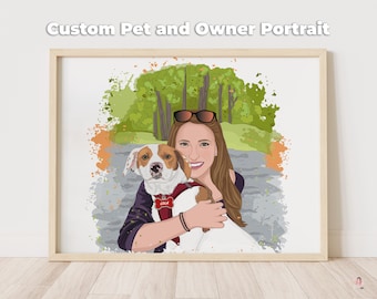 Retrato personalizado de mascota y su dueño en acuarela a partir de una foto, ilustración personalizada de mascota y humano, regalo de pintura digital de perro y su dueño
