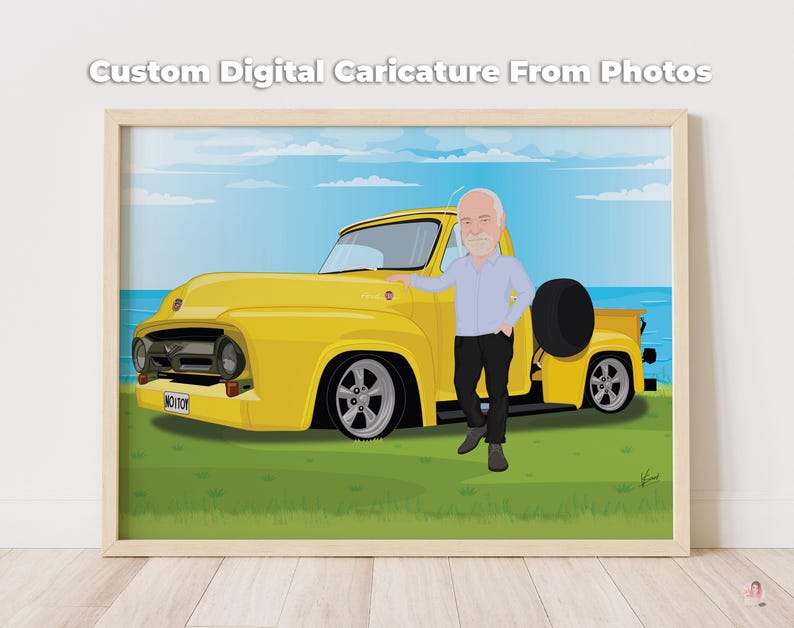 Regalo personalizado para amantes de los coches, retrato personalizado con tu coche, regalo de primer aniversario para tu novio, ilustración de dibujos animados personalizada, regalo para tu marido. imagen 1