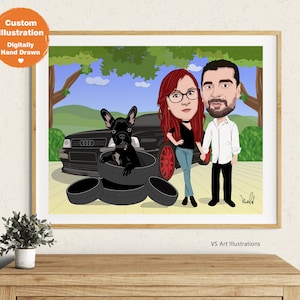 Benutzerdefiniertes digitales Paar Porträt, Foto Cartoon, Paar Porträt mit Auto, Paar Porträt mit Hund, Karikatur Zeichnung vom Foto