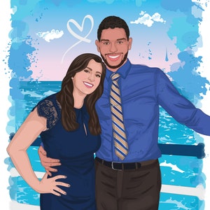 May include: Digital illustration of a smiling couple, embracing on a deck with a blue ocean and sky background. The woman wears a navy blue dress, and the man wears a blue shirt and a striped tie. A white heart is drawn in the sky.