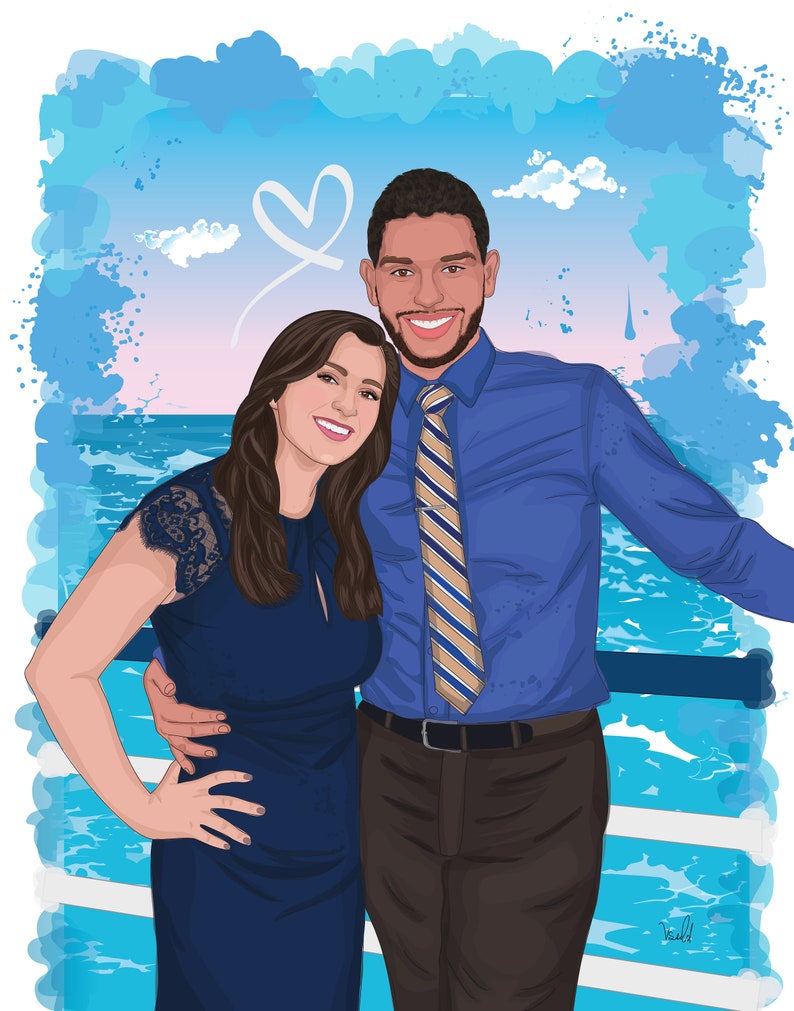 May include: Digital illustration of a smiling couple, embracing on a deck with a blue ocean and sky background. The woman wears a navy blue dress, and the man wears a blue shirt and a striped tie. A white heart is drawn in the sky.
