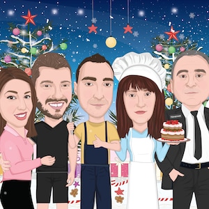 Illustrazione di biglietto di auguri natalizio per la famiglia, ritratto di famiglia natalizio da foto, biglietto di auguri natalizio con la famiglia, caricatura natalizia, regalo per la mamma