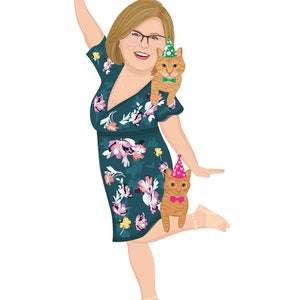 May include: Illustration of a person wearing glasses and a teal floral dress, with two ginger tabby cats wearing party hats and bow ties. The person is smiling and waving, with one leg raised.