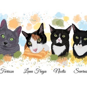 May include: A digital illustration featuring four cats with unique markings and names: Furiosa, Luna Freya, Noctis, and Severus. Each cat has green eyes and is set against a backdrop of colorful paint splatters. The artwork is a portrait style.