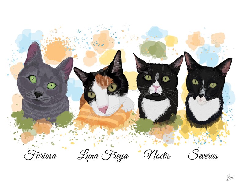 May include: A digital illustration featuring four cats with unique markings and names: Furiosa, Luna Freya, Noctis, and Severus. Each cat has green eyes and is set against a backdrop of colorful paint splatters. The artwork is a portrait style.