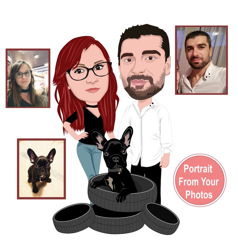 May include: A cartoon portrait of a couple and a black French Bulldog in a tyre. The woman has red hair and glasses, and the man has a beard. The dog is in a tyre. The image includes framed photos and the text "Portrait From Your Photos."