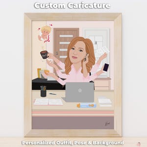 Caricatura di donna multitasking da foto, ritratto di cartone animato personalizzato per ufficio, illustrazione regalo personalizzata per collega, regalo per donna in carriera