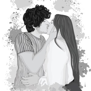 May include: Black and white illustration of a couple kissing. The man wears a striped shirt, and the woman has long hair. The background features gray paint splatters, creating a romantic and artistic feel.