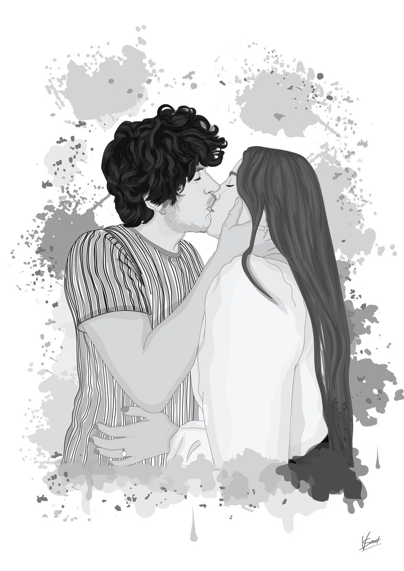 May include: Black and white illustration of a couple kissing. The man wears a striped shirt, and the woman has long hair. The background features gray paint splatters, creating a romantic and artistic feel.