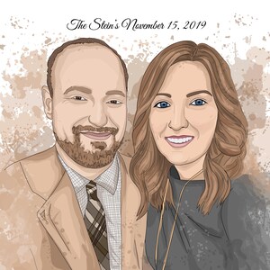 May include: Digital portrait of a couple, with the text "The Stein's November 15, 2019" at the top. The man wears a tan blazer and patterned tie. The woman has long brown hair and a black top. The background has brown watercolor-like splatters.