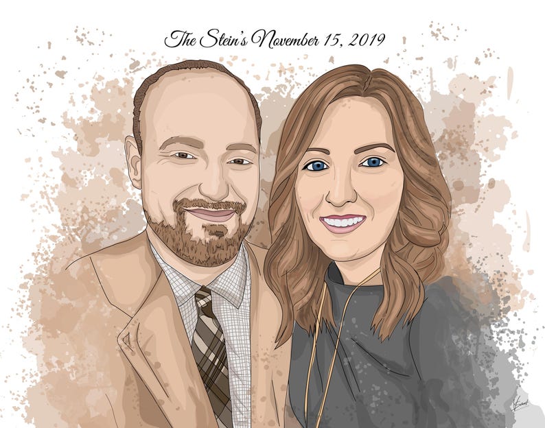 May include: Digital portrait of a couple, with the text "The Stein's November 15, 2019" at the top. The man wears a tan blazer and patterned tie. The woman has long brown hair and a black top. The background has brown watercolor-like splatters.