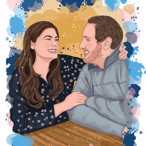 May include: Digital illustration of a couple smiling and embracing. The woman wears a dark blue floral top, and the man wears a gray jacket. The background features a yellow and white gradient with blue and pink paint splatters.